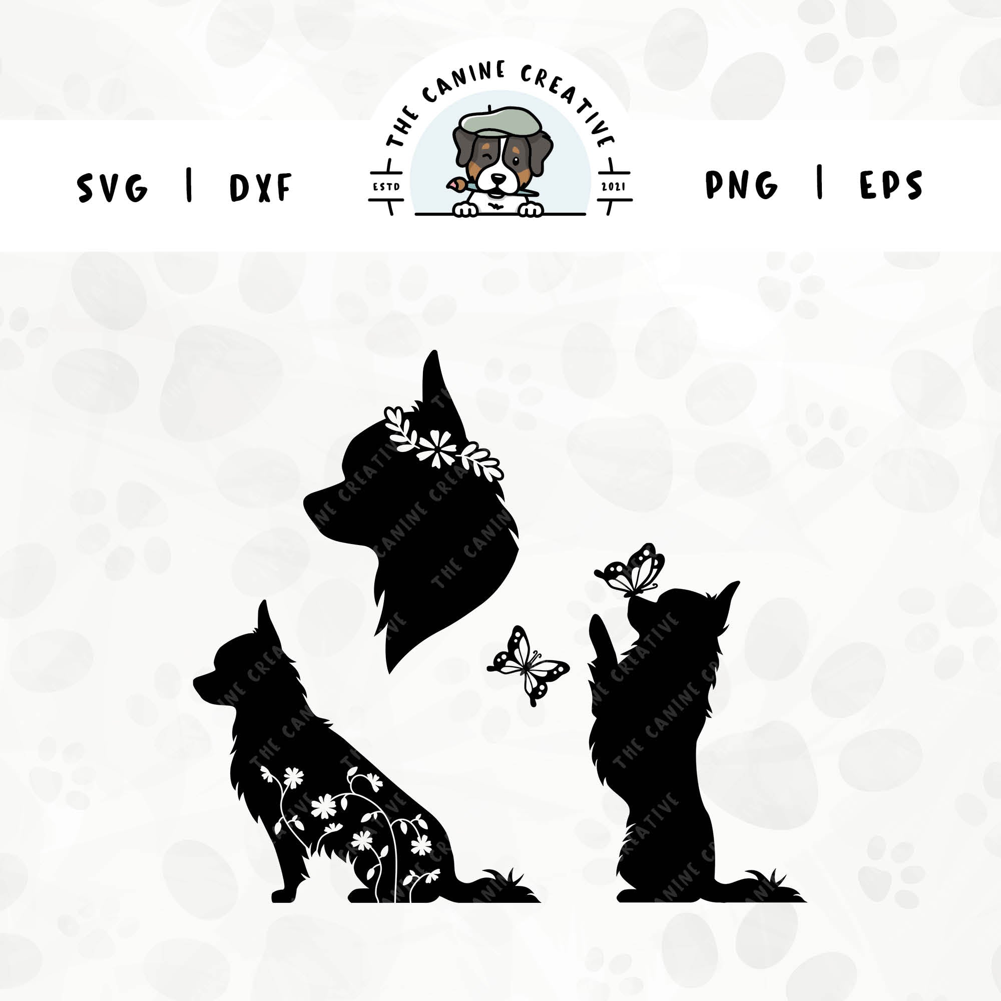 This 3-pack Long Haired Chihuahua silhouette bundle features a head portrait of a dog wearing a floral crown, a sitting dog with inset flowers, and a dog interacting with butterflies. File formats include: SVG, DXF, PNG, and EPS.