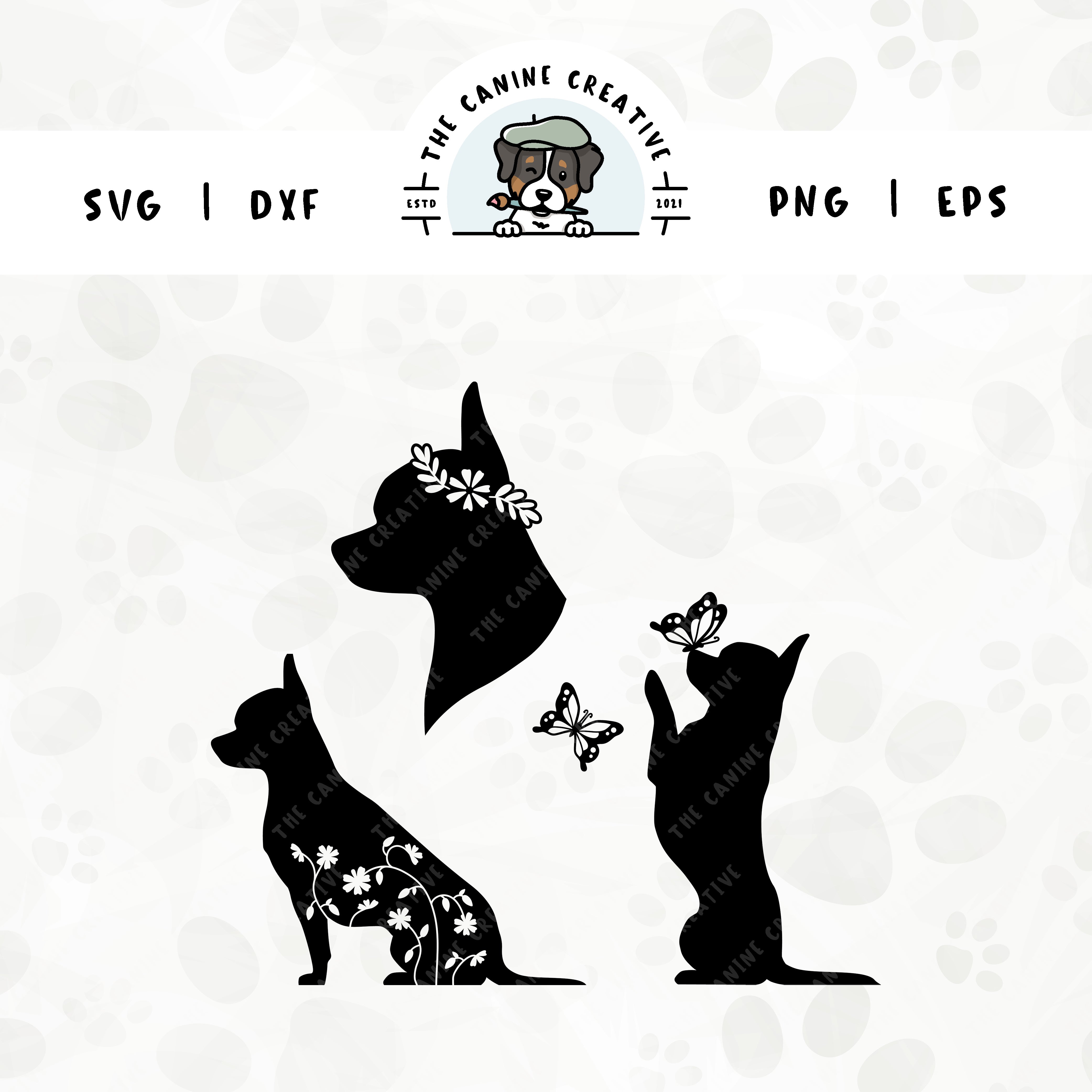 This 3-pack Smooth Coat Chihuahua silhouette bundle features a head portrait of a dog wearing a floral crown, a sitting dog with inset flowers, and a dog interacting with butterflies. File formats include: SVG, DXF, PNG, and EPS.