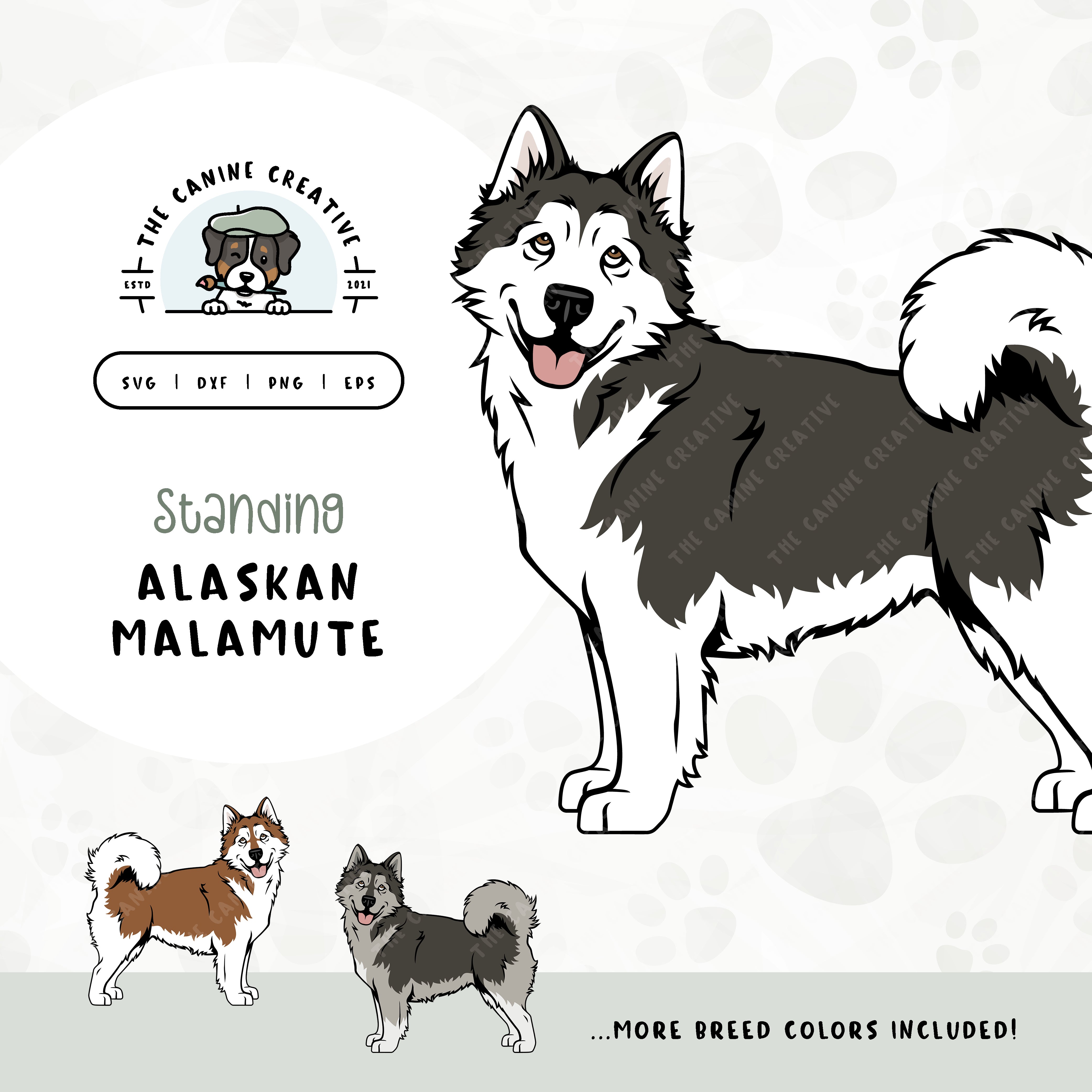 This standing dog design features an Alaskan Malamute. File formats include: SVG, DXF, PNG, and EPS.