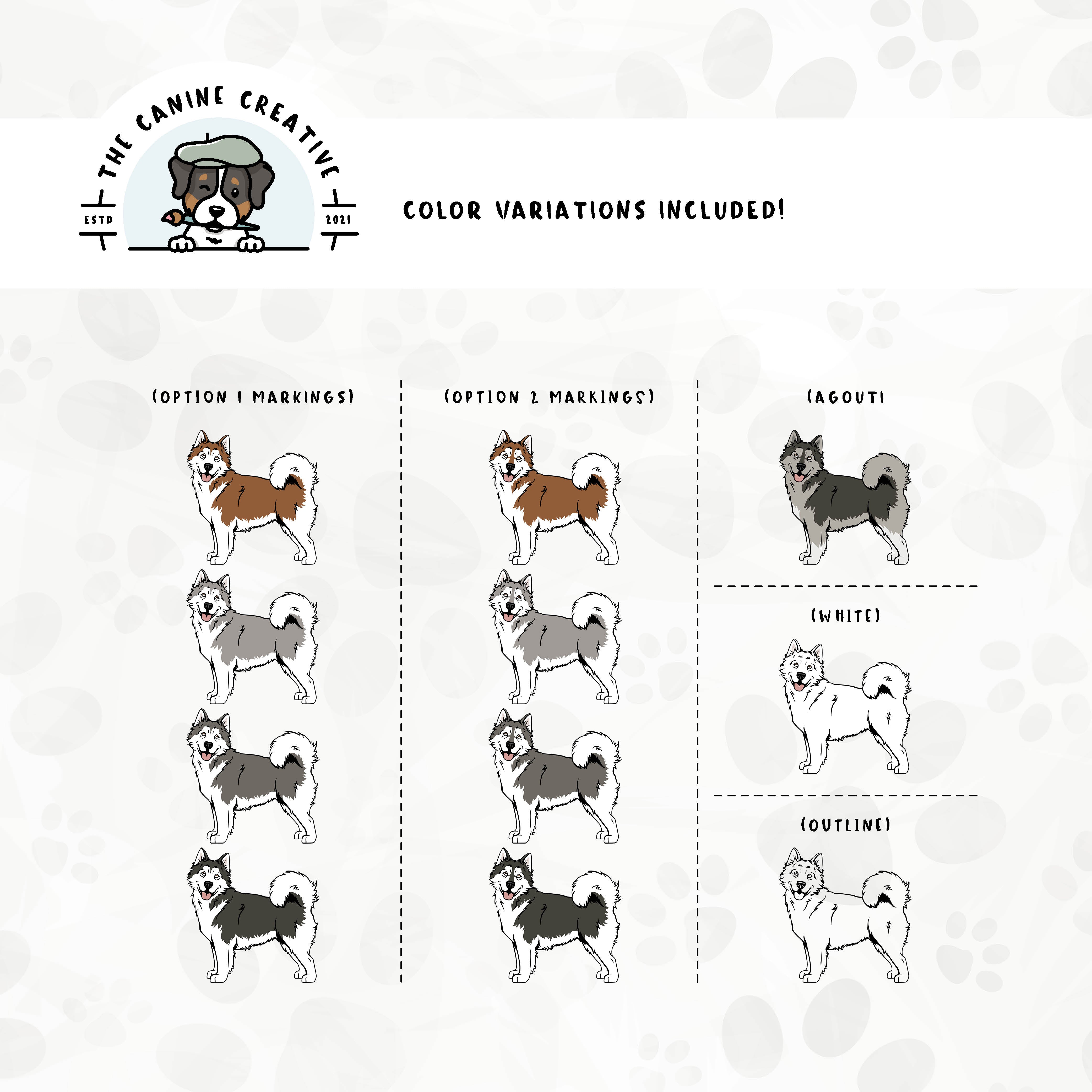 Dog color variations for this design set includes common color and marking variations found in Alaskan Malamutes (bi-color, Agouti, and white), as well as an outline option.