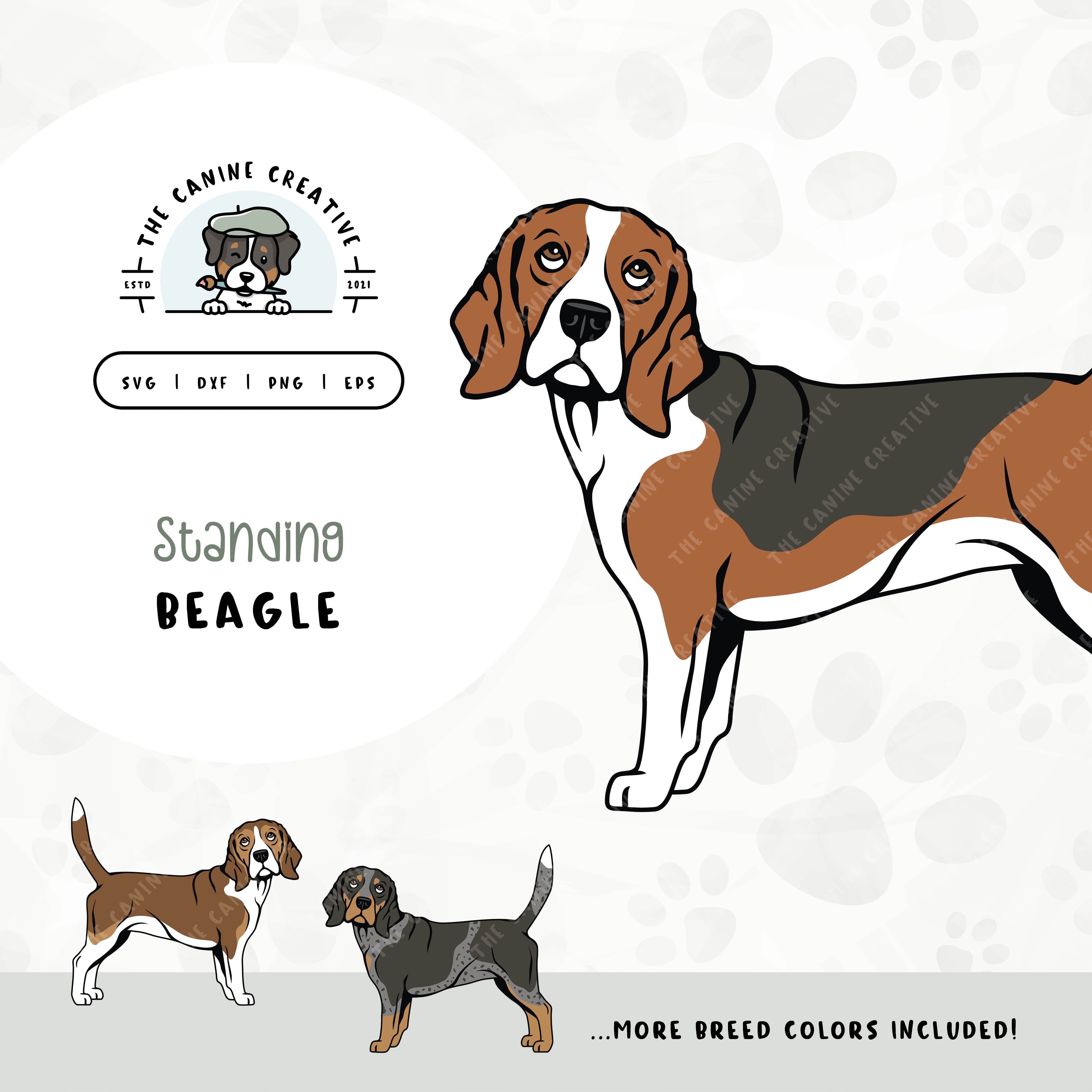 This standing dog design features a Beagle. File formats include: SVG, DXF, PNG, and EPS.