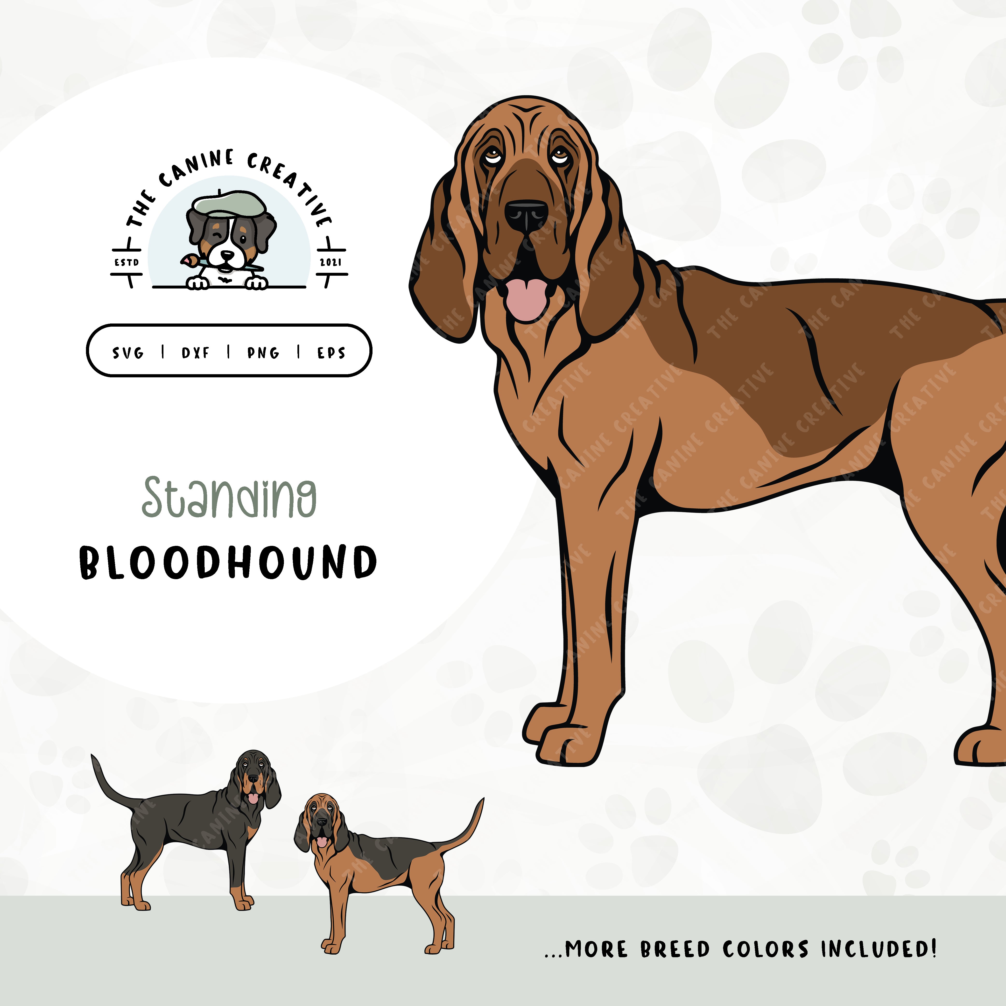 This standing dog design features a Bloodhound. File formats include: SVG, DXF, PNG, and EPS.