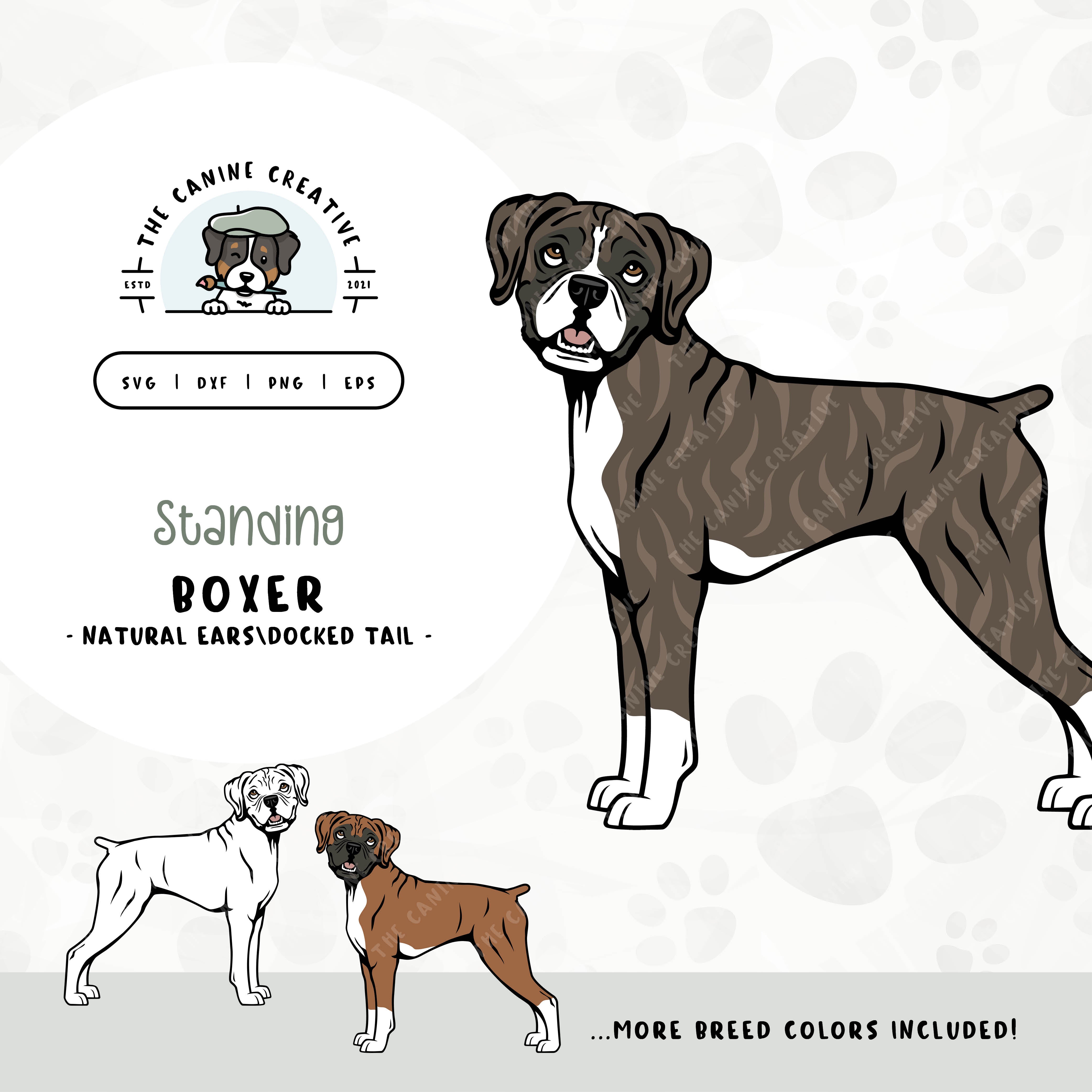 This standing dog design features a Boxer dog with floppy ears and a docked tail. File formats include: SVG, DXF, PNG, and EPS.