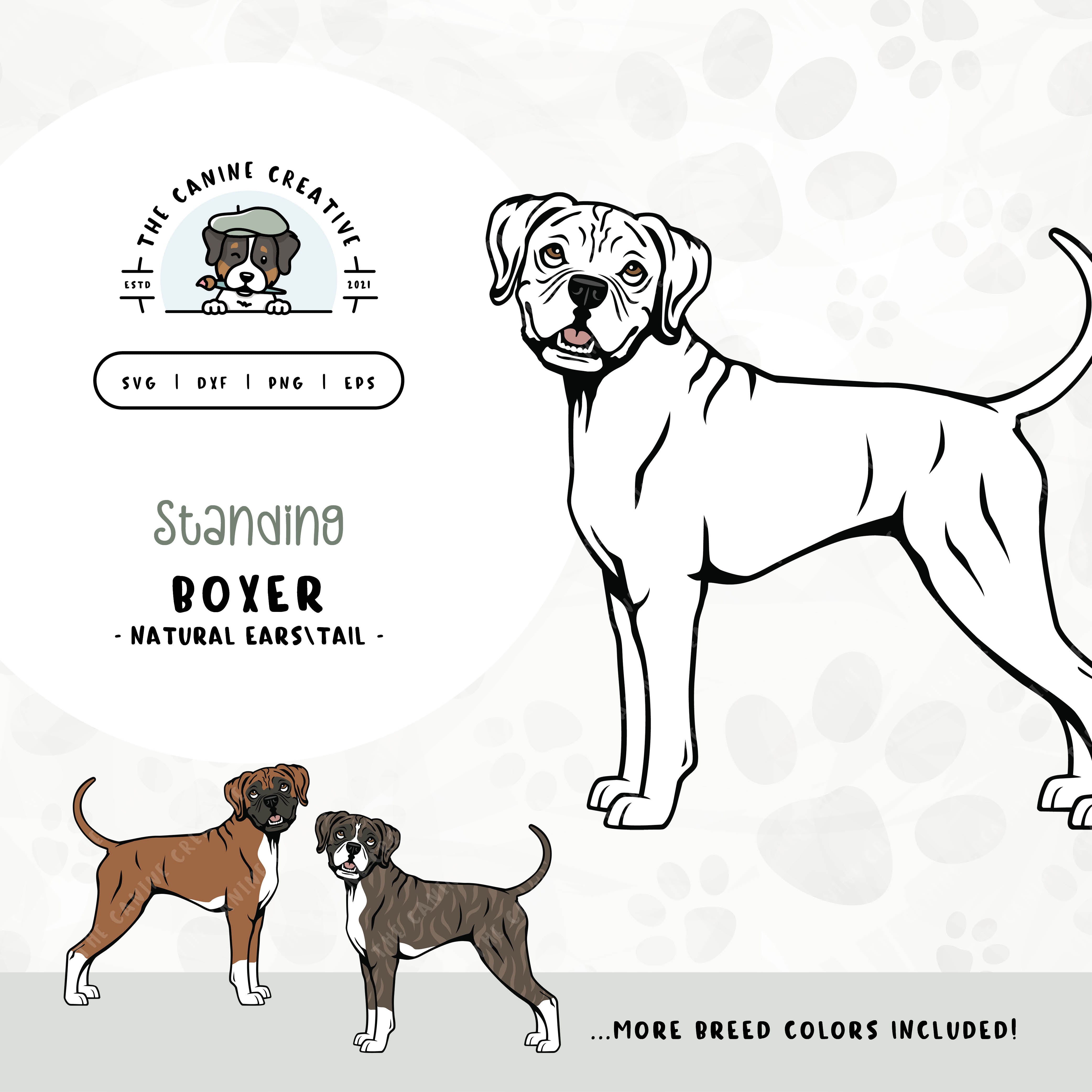 This standing dog design features a Boxer dog with floppy ears and a long tail. File formats include: SVG, DXF, PNG, and EPS.