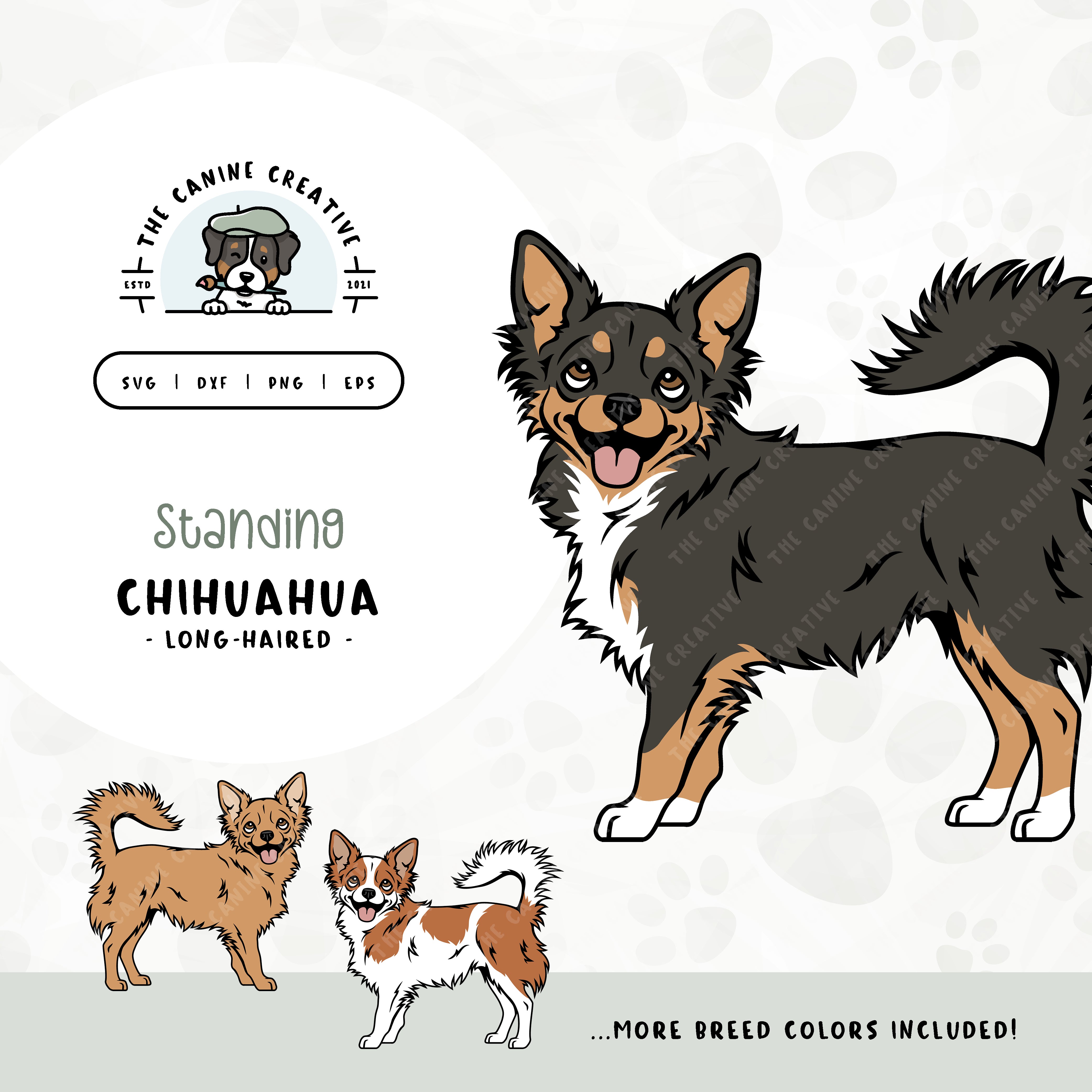 This standing dog design features a Long Haired Chihuahua. File formats include: SVG, DXF, PNG, and EPS.