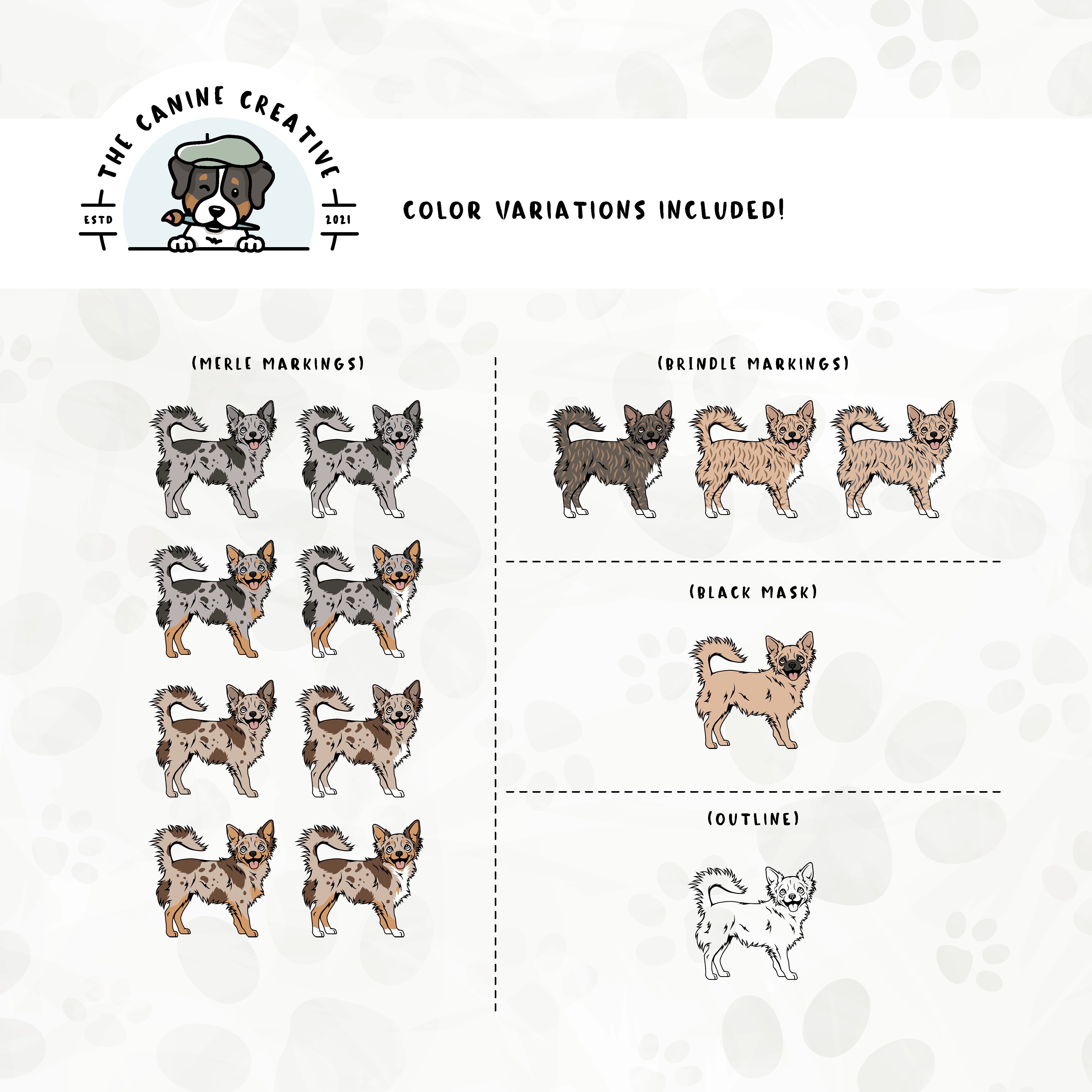 Part 3 of this design set includes Chihuahuas with merle, brindle, and black mask markings, along with an outline option.