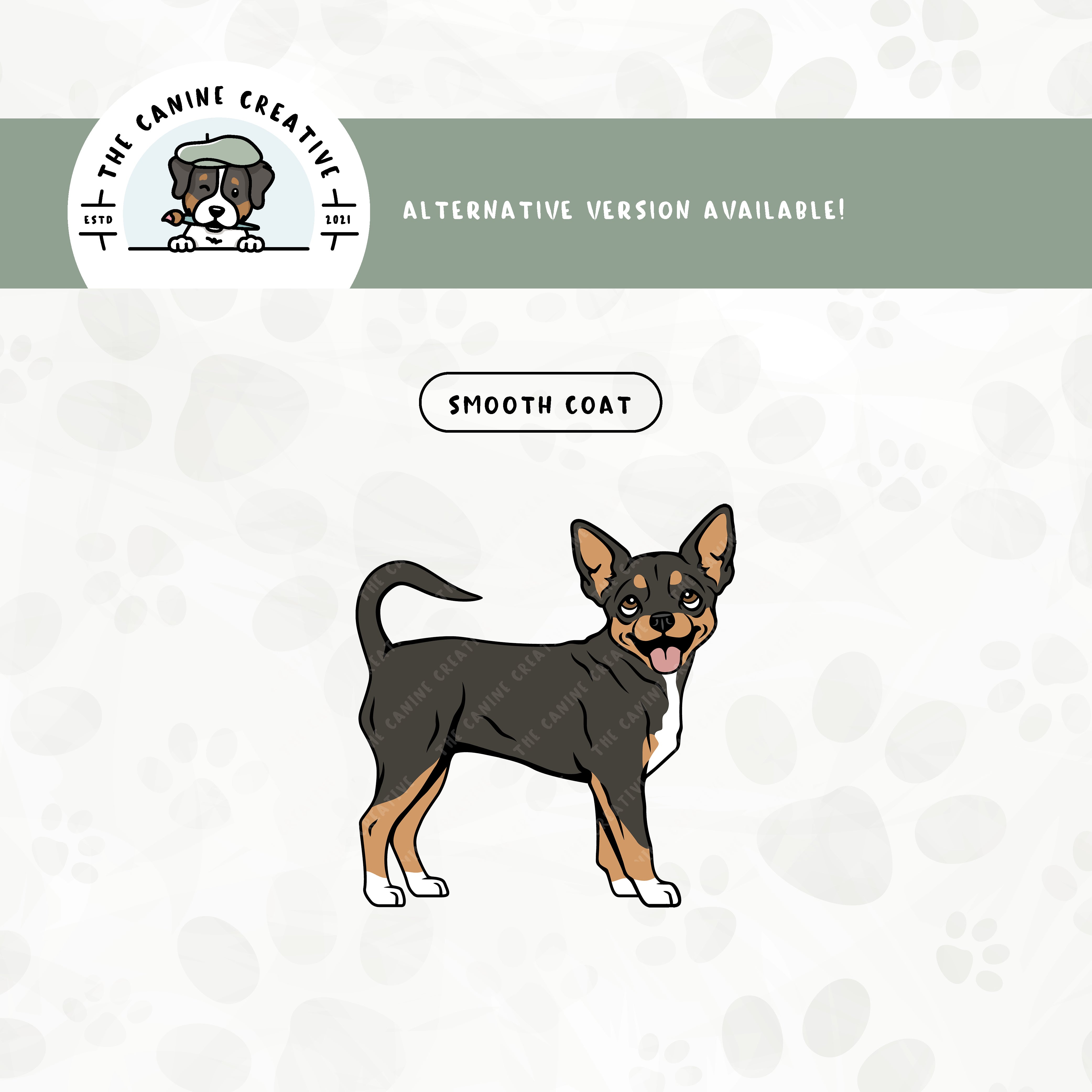 A smooth coat version is also available for this sitting Chihuahua design.