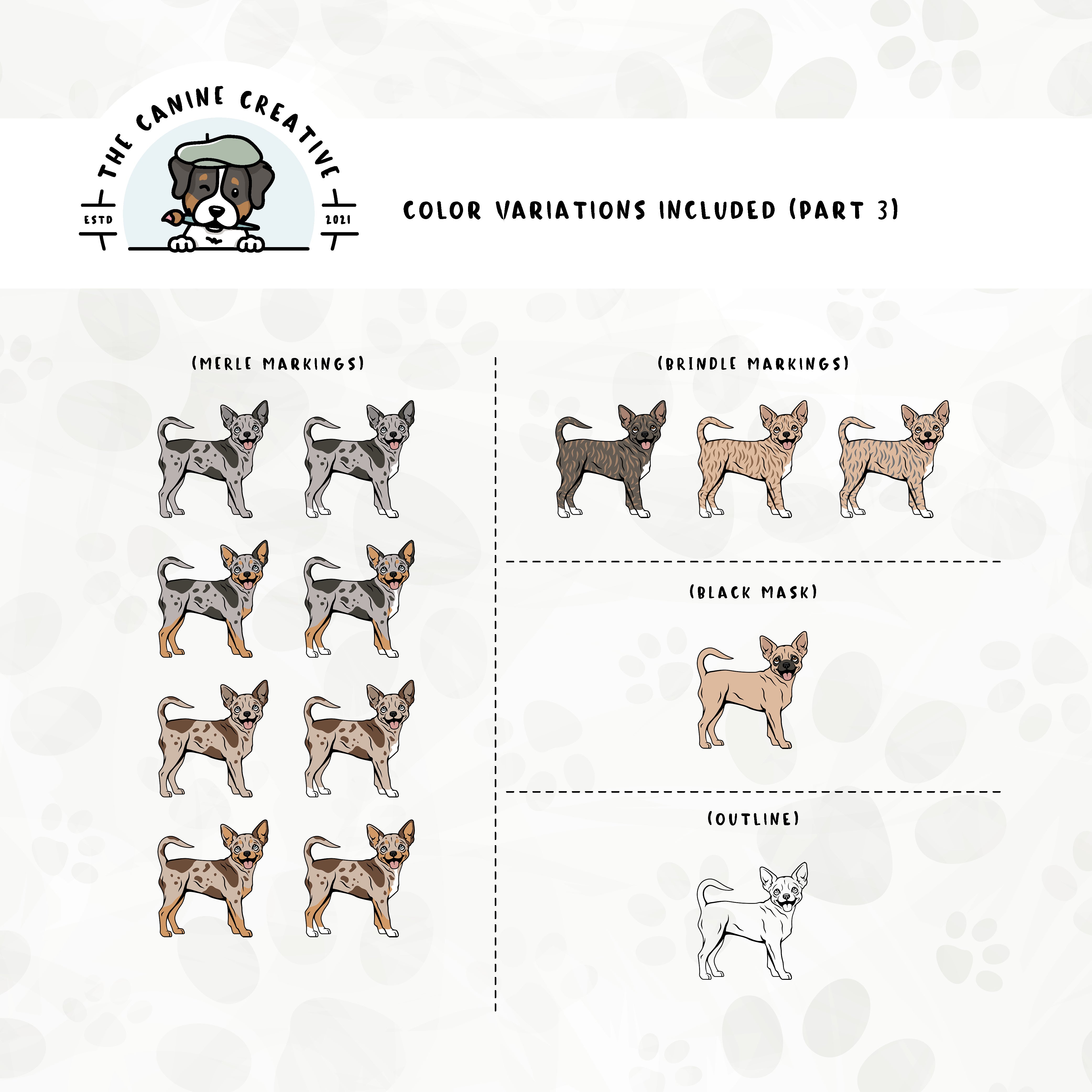 Part 3 of this design set includes Chihuahuas with merle, brindle, and black mask markings, along with an outline option.