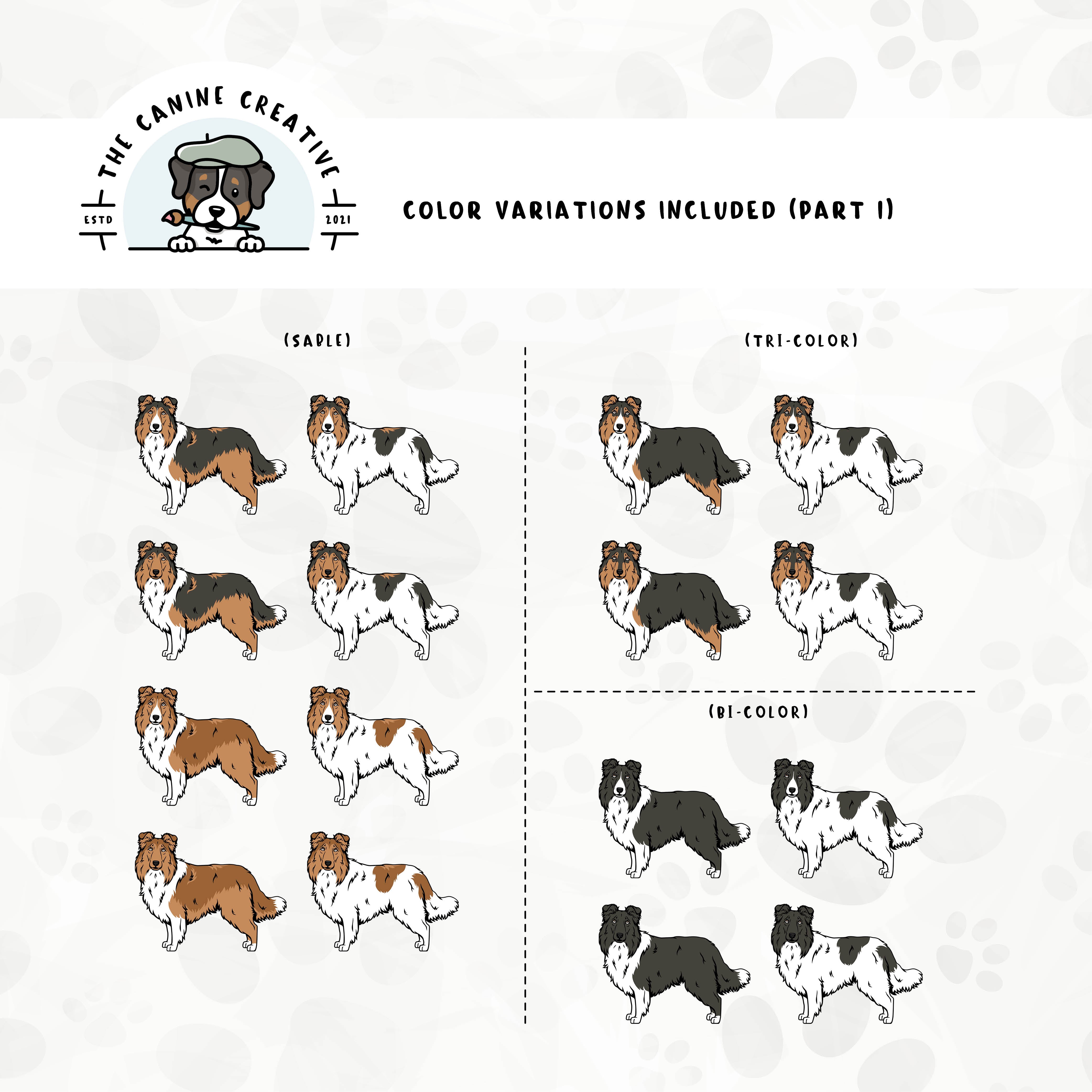 Part 1 of dog color variations for this design bundle includes bi-black, sable, and tri-color in standard and white-factored markings.
