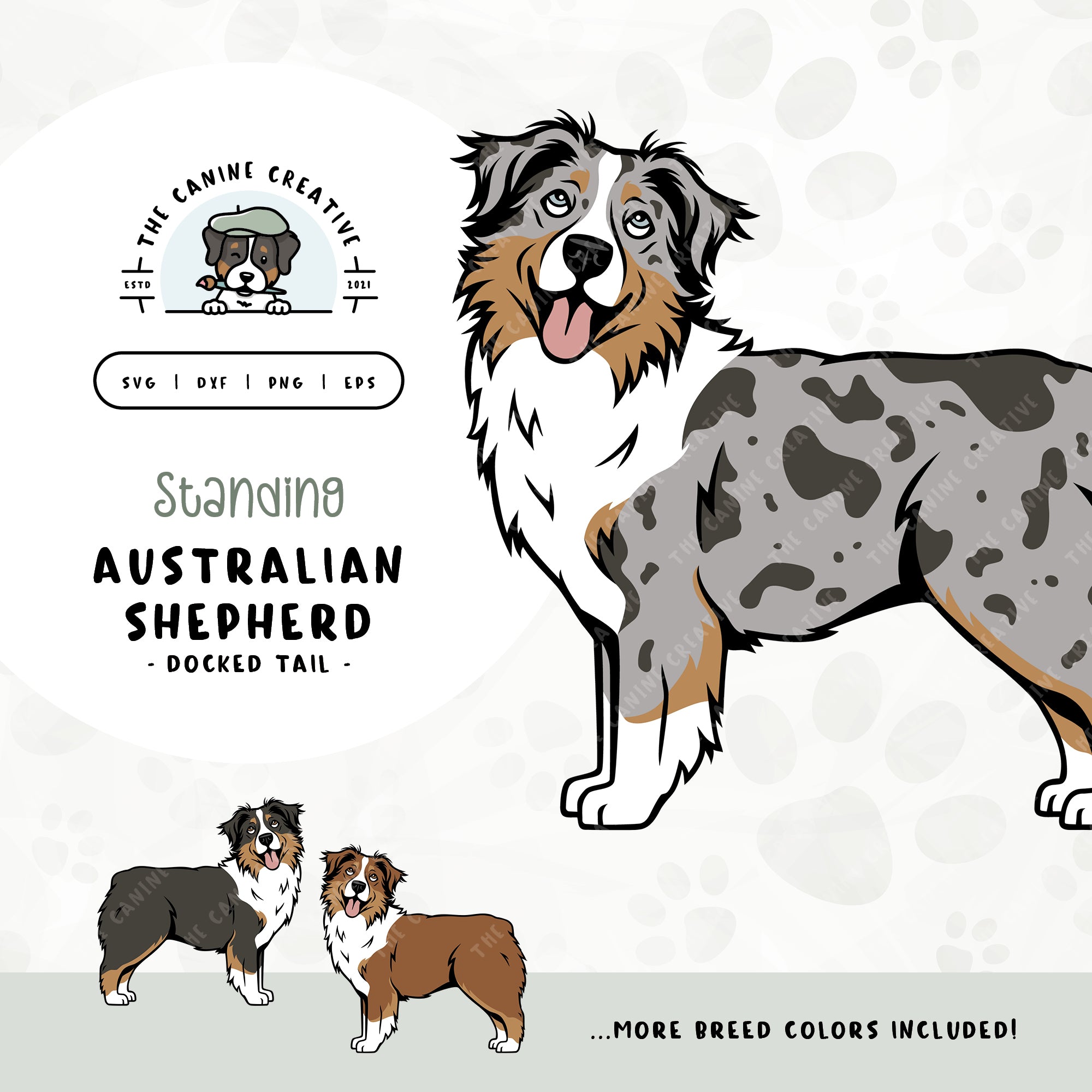 This standing dog design features an Australian Shepherd with a docked tail. File formats include: SVG, DXF, PNG, and EPS.