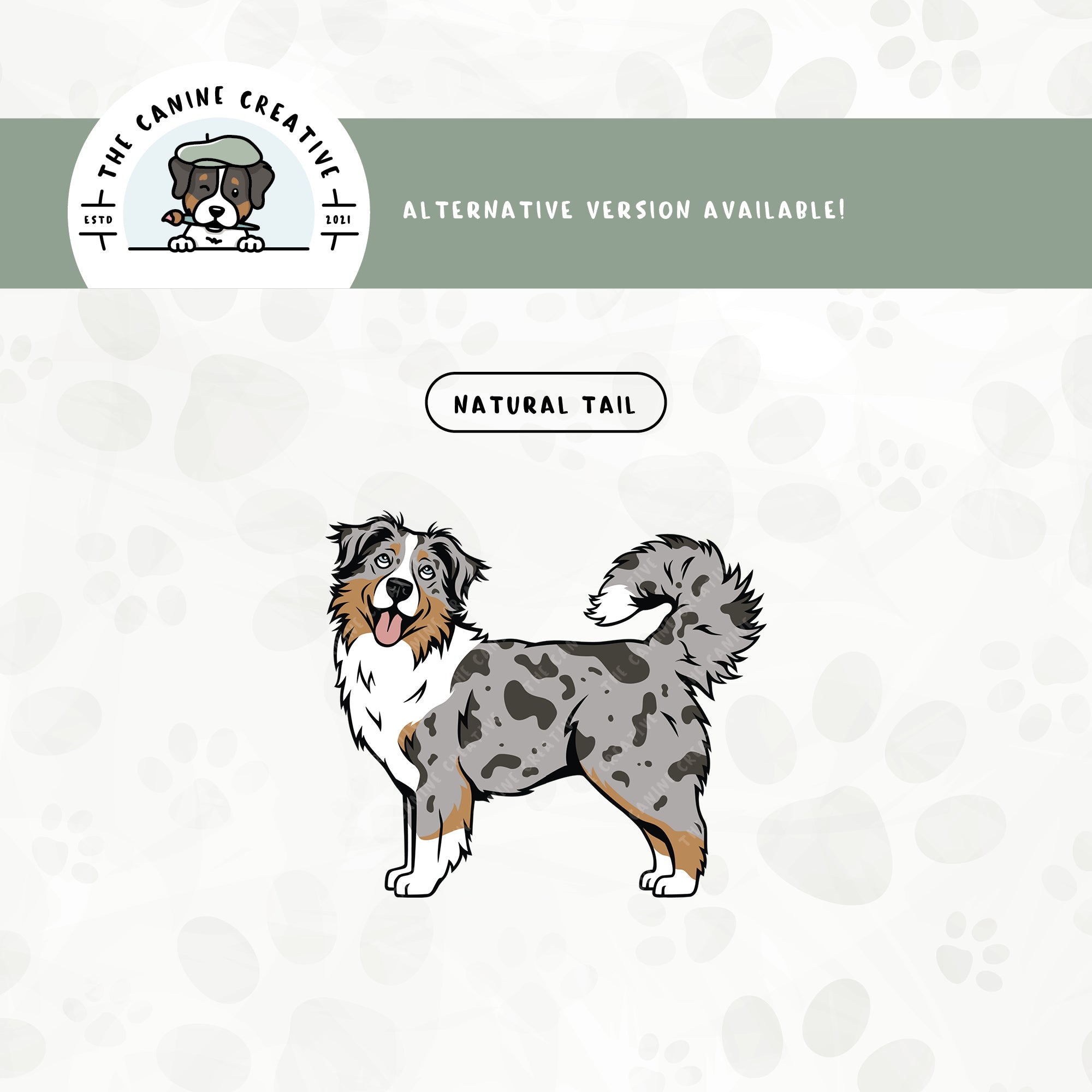 A long tail version is also available for this standing Australian Shepherd design.