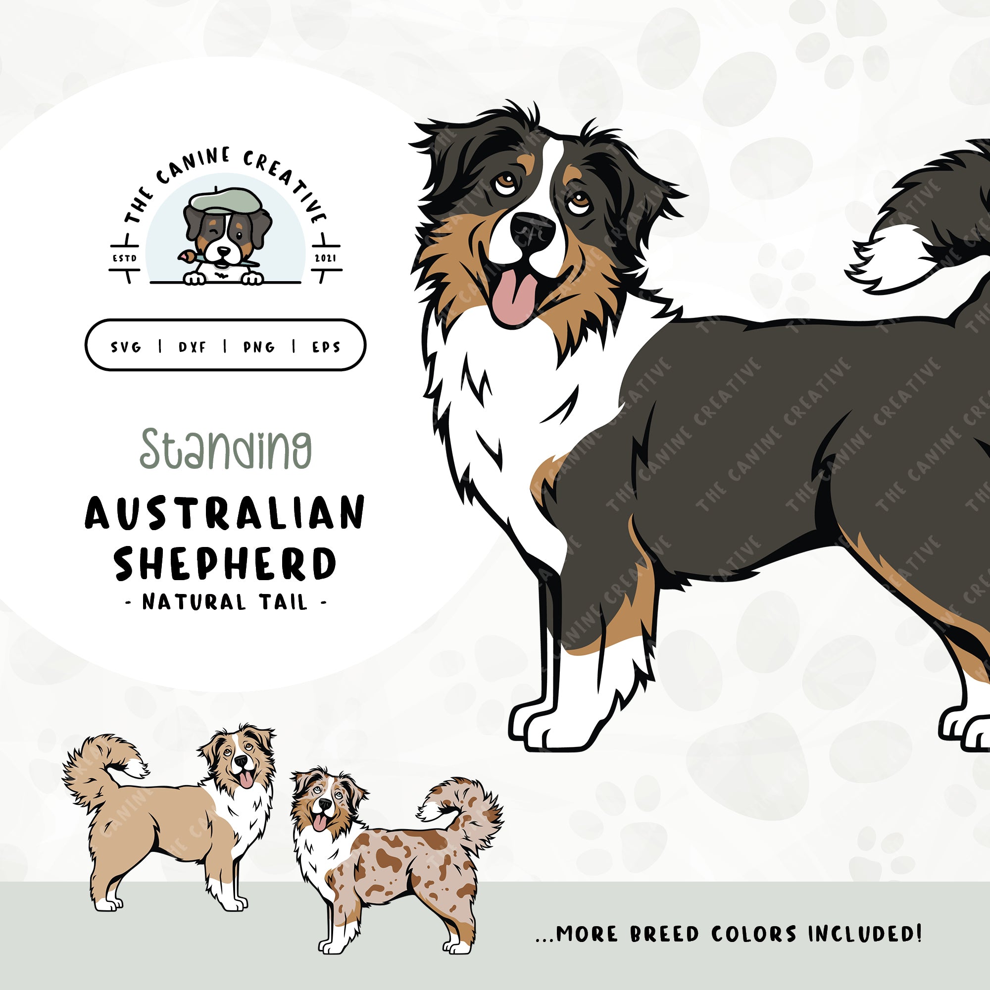 This standing dog design features an Australian Shepherd with a long tail. File formats include: SVG, DXF, PNG, and EPS.