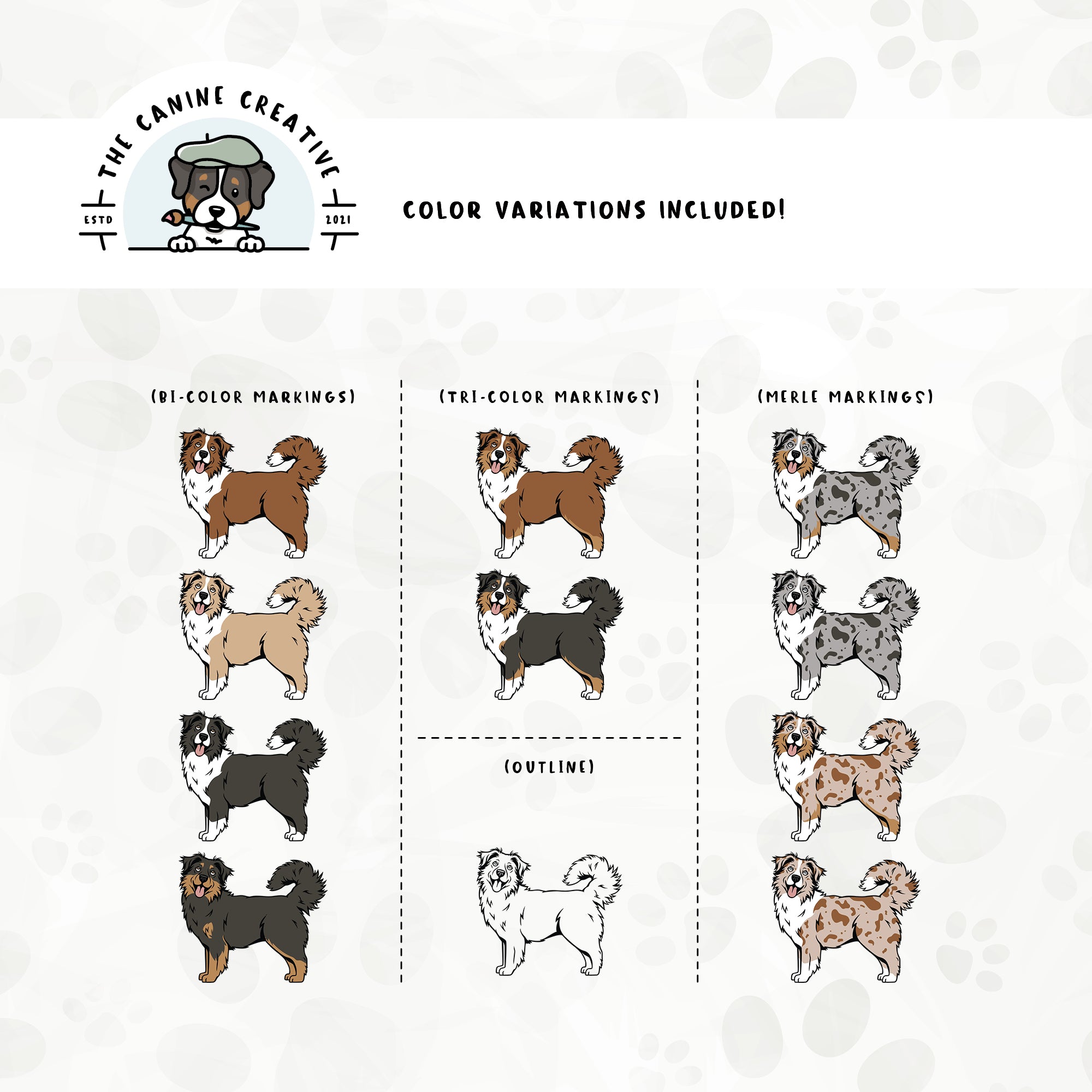 Dog color variations for this design set includes common color and marking variations found in Aussies (bi, tri, and Merle), as well as an outline option. 