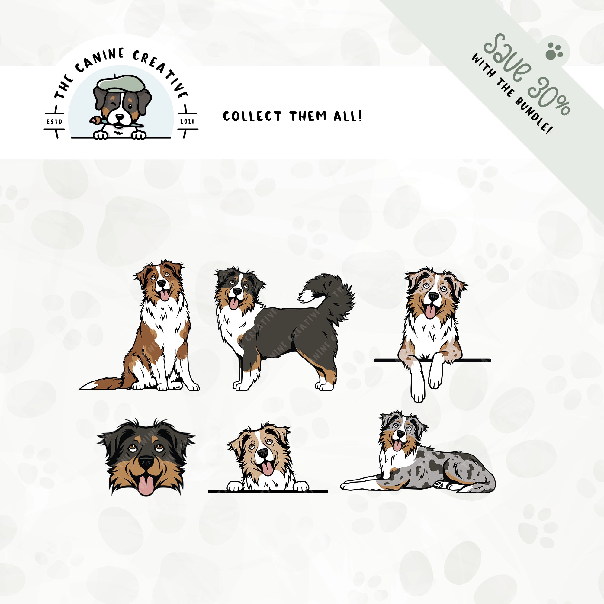 Save 30% with our related 6-pack, long tail Australian Shepherd design bundle!