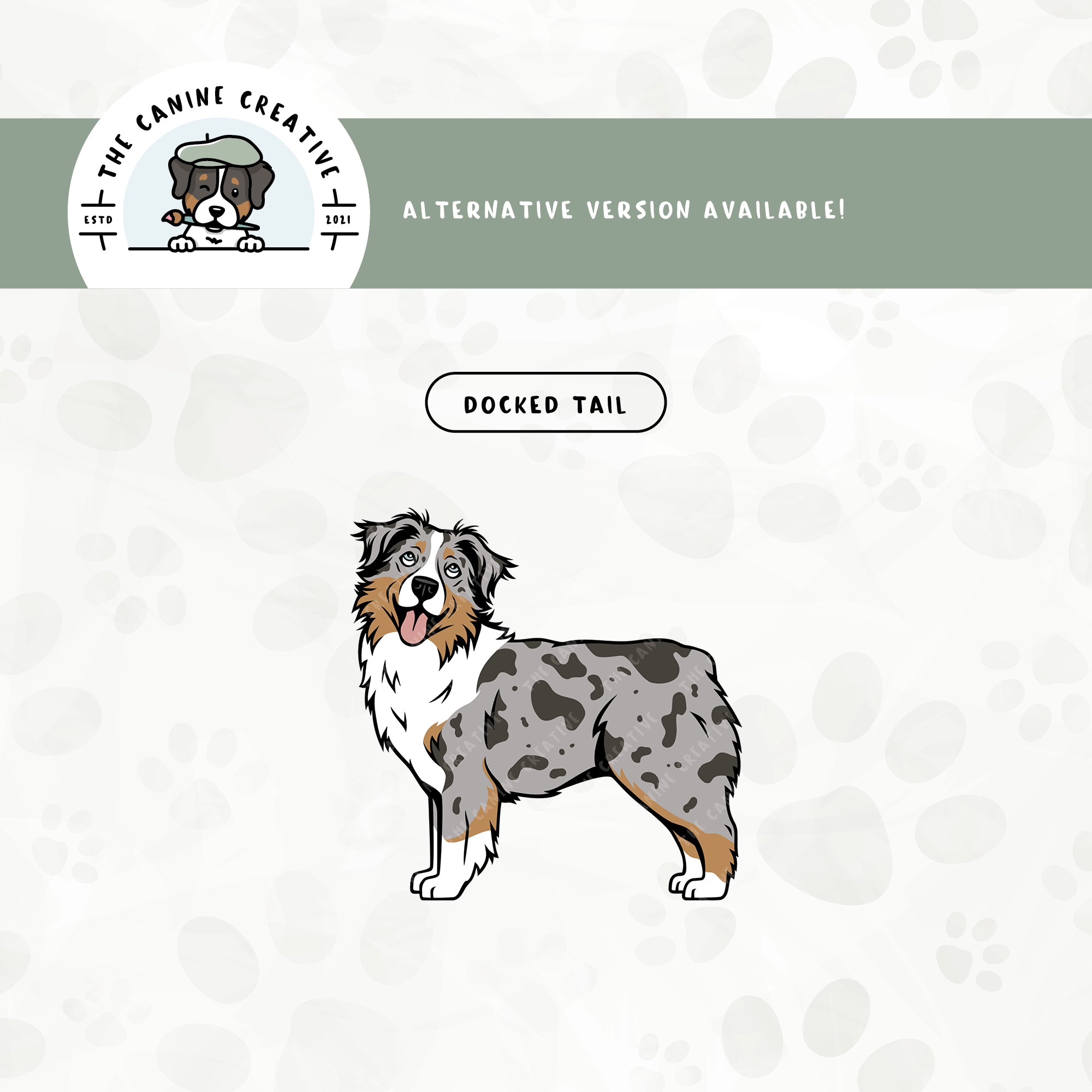A docked tail version is also available for this standing Australian Shepherd design.
