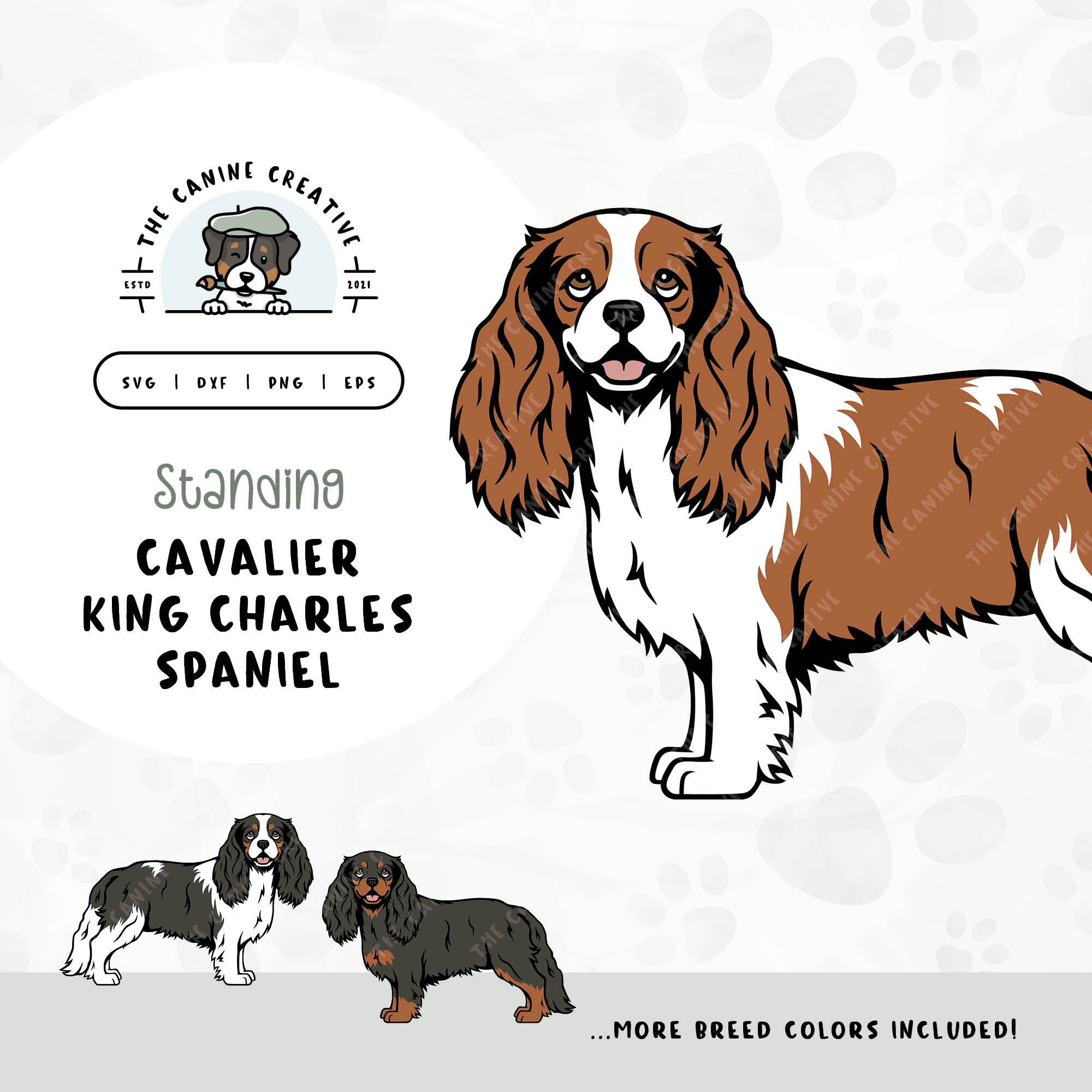 This standing dog design features a Cavalier King Charles Spaniel. File formats include: SVG, DXF, PNG, and EPS.