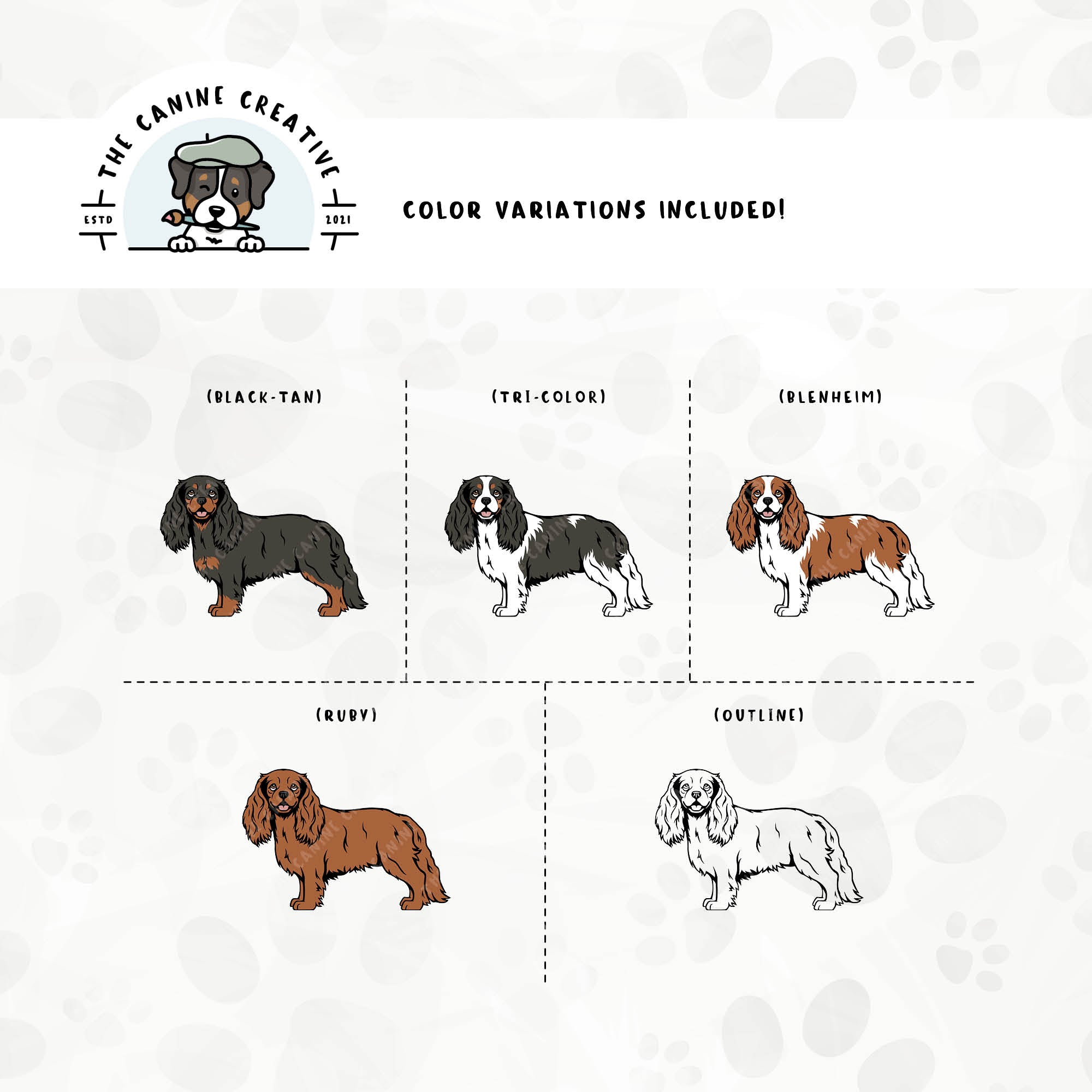 Dog color variations for this Cavalier King Charles Spaniel design set includes common color and marking variations found in this breed (blenheim, tri-color, black-tan, and ruby), as well as an outline option.